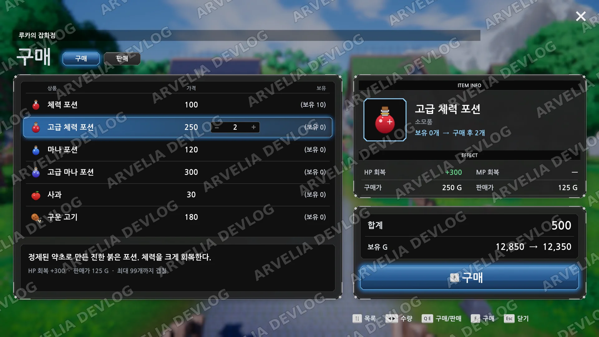 구매(고급 체력 포션 2개 선택)